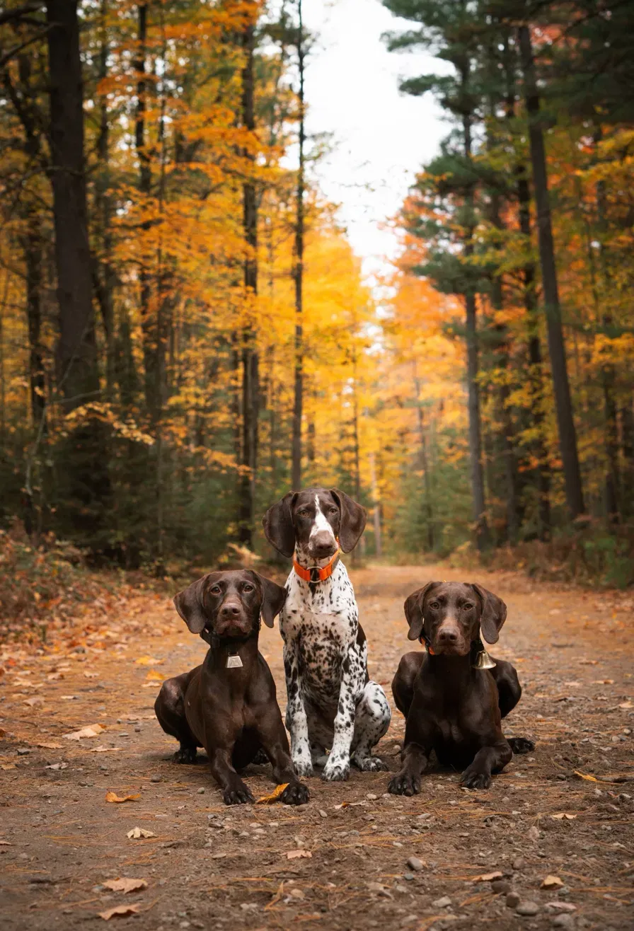 Three dogs sitting side by side on a forest road in autumn.
