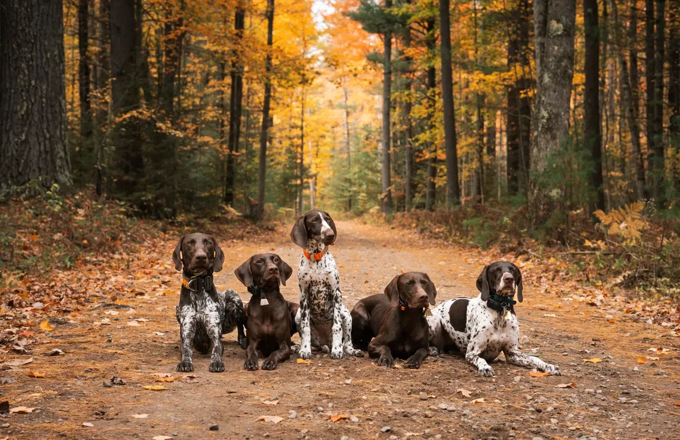 Five dogs sitting and lying in a row on a forest road in autumn.